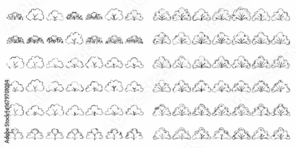 Fototapeta Collection of hand drawn stylized bushes and shrubs in various shapes and sizes for design