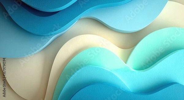 Fototapeta Abstract layered paper waves in blue and beige tones, 3D background texture for design and graphic resources.
