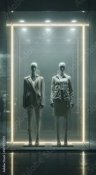 Fototapeta Two mannequins in a glass store display with illuminated frame, dressed in modern jackets and boots, minimal retail showcase design.