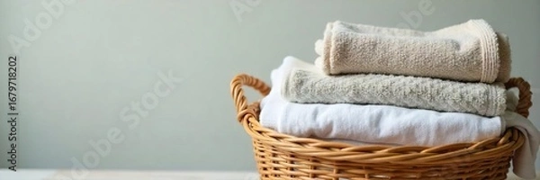 Fototapeta Neatly folded laundry in a wicker basket, soft cotton towels and shirts, ready for storage A calming image of organized household textiles , clean, linen, pile