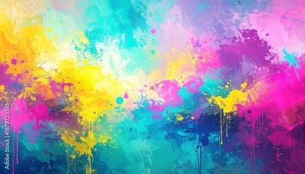 Obraz Dynamic abstract background with vibrant paint splatters, drips, and bold brush strokes in yellow, pink, blue, and purple colors.