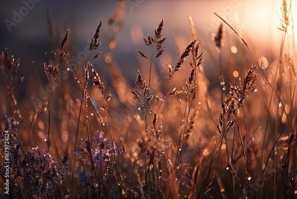Fototapeta Golden grass bathed in sunset light.  Dew-kissed blades of tall grass stand in warm golden light as the sun sets, creating a soft bokeh effect.  A gentle mist of light illuminates the scene