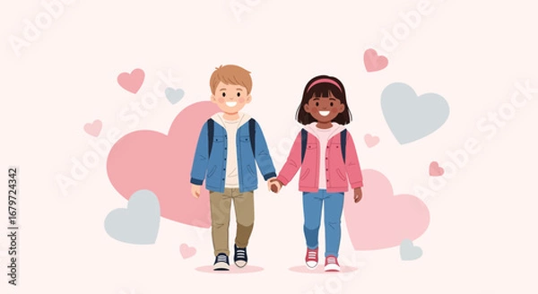 Obraz Cute illustration of two children holding hands with hearts in the background