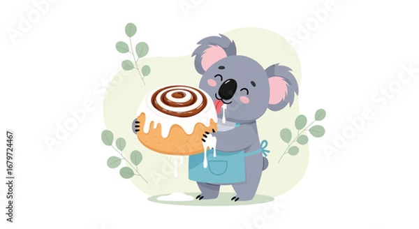 Obraz Cute koala bear with cinnamon roll with icing or frosting, food and pastry art and illustration
