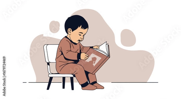 Obraz Cute little baby reading a book while sitting on a chair, education study concept