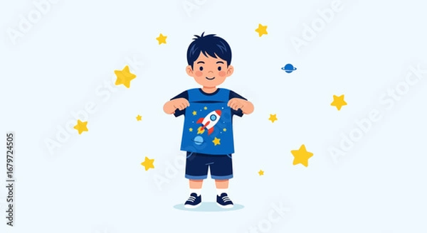Obraz Cute Little Boy Holding a T-shirt with a Rocket Design on a Light Blue Background