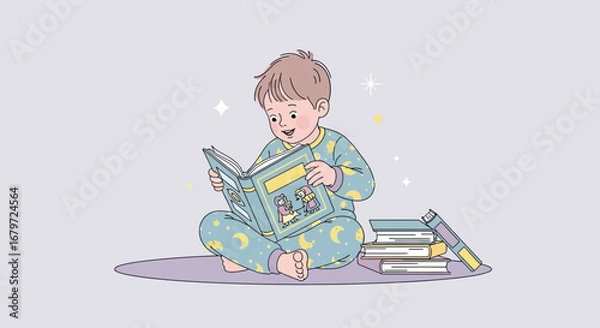 Obraz Cute Little Boy Reading a Book with a Pile of Books In Front Of Him
