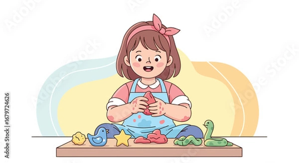Obraz Cute Little Girl Having Fun Playing With Colorful Clay Toys, Happy Childhood
