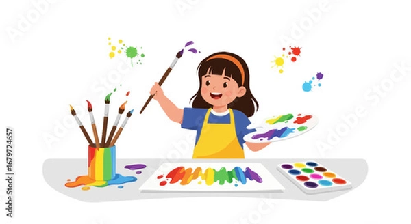 Obraz Cute little girl painting artwork with colorful brushes and paints on white background