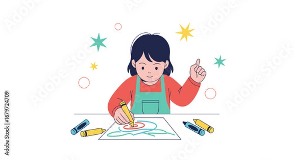 Obraz Cute little kid drawing with crayons, creative art and imagination concept illustration
