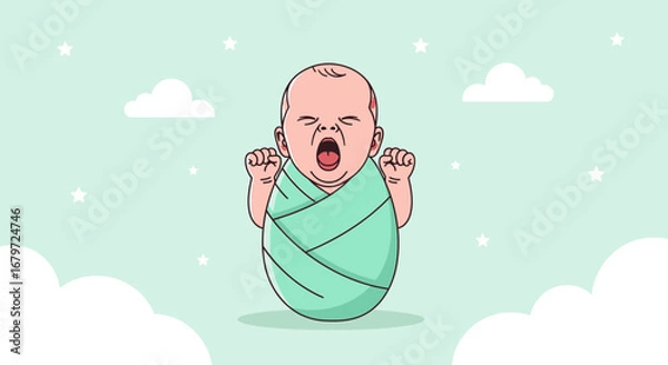 Obraz Cute newborn baby yawning in a swaddle with clouds and stars, cartoon vector design