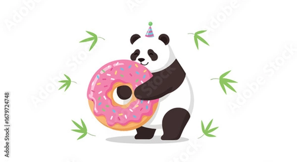 Obraz Cute panda holding a donut illustration with a party hat and bamboo leaves