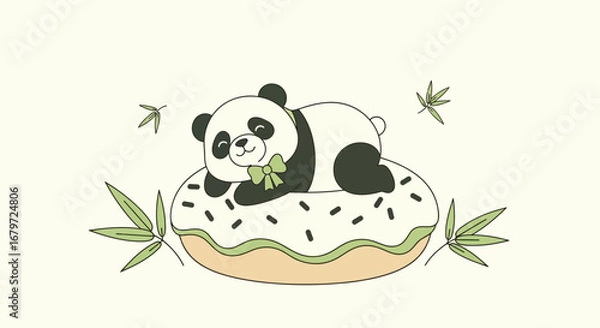 Obraz Cute panda bear relaxing on a donut with green bow and sprinkles and bamboo design