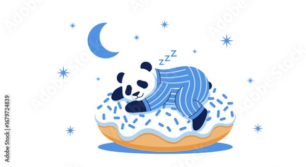 Obraz Cute Panda in Pajamas Sleeping on a Donut with Moon and Stars Vector Illustration
