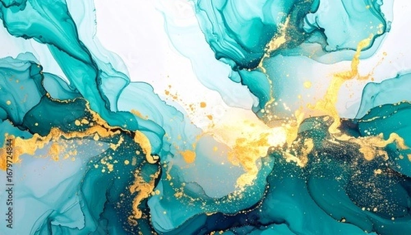 Obraz Elegant abstract background with flowing teal alcohol ink and sparkling gold glitter veins on a white canvas.