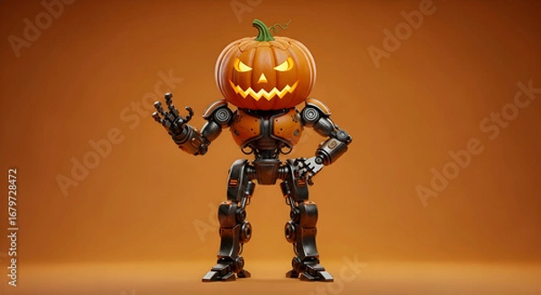 Fototapeta Spooky robotic pumpkin character strikes a powerful pose, perfect for Halloween promotions and futuristic horror themes.