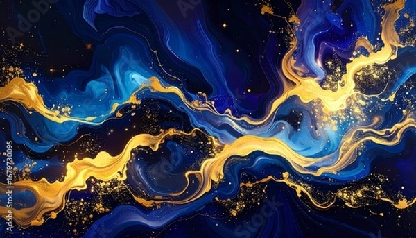 Obraz Abstract Blue and Gold Swirls: Liquid Marble Texture with Golden Glitter