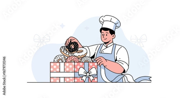 Fototapeta Chef Presenting Assorted Homemade Donuts From Decorated Box, Illustration Design