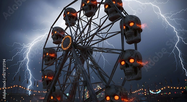 Fototapeta Terrifying skull Ferris wheel with glowing eyes and lightning strikes creates a spooky carnival atmosphere