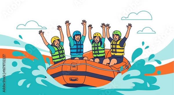 Fototapeta Celebrating Adventure: Group Enjoys Whitewater Rafting Experience With Joy and Excitement