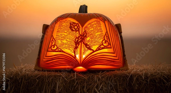 Fototapeta Enchanted pumpkin carved into an open book, glowing warmly on hay bale at sunset