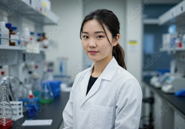 Fototapeta An Asian scientist poses confidently in a laboratory setting with a lab coat.