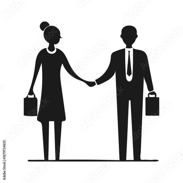 Fototapeta "Business Partnership Icon – Black Silhouette of Man and Woman in Formal Attire Shaking Hands, Each Holding a Briefcase – Stylized Vector Representing Professional Agreement, Collaboration, and Corpor