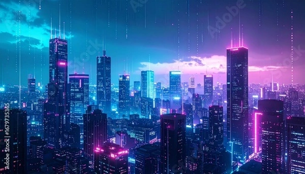 Obraz Futuristic Neon Cityscape at Night with Digital Rain