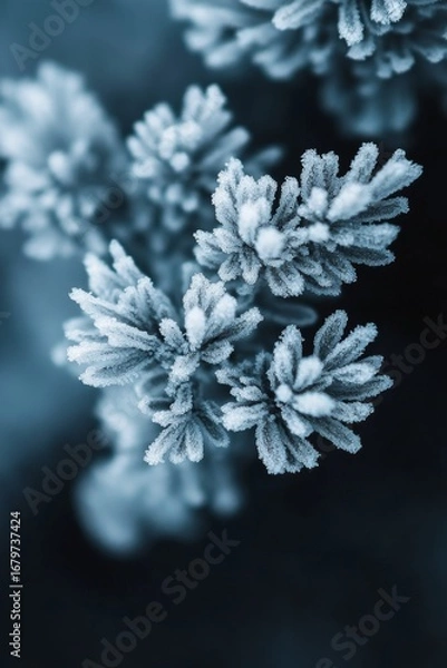 Fototapeta Frosty evergreen buds macro on dark background