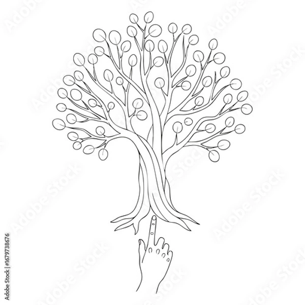 Fototapeta Hand Pointing at a Lush Tree Symbolizing Environmental Care.