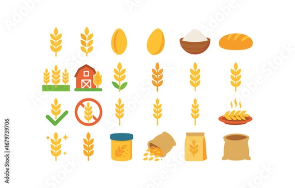 Fototapeta colorful flat vector icons Wheat (Basic) wheat icon wheat stalk wheat seed wheat grain wheat flour wheat bread wheat field wheat farm wheat fresh wheat dry wheat new wheat old wheat valid.