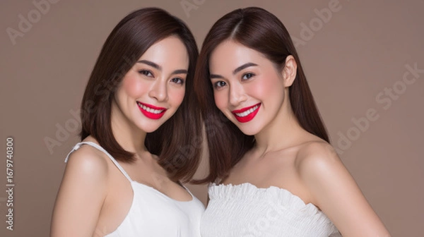 Fototapeta captivating portrait of two matching models radiating joy with their ultrabright smiles against clean background