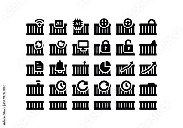 Fototapeta vector solid black filled icons Container (Advanced) container smart container ai container auto container manual container synced container unsynced container monitor container track.