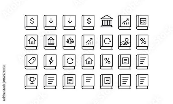Fototapeta vector outline icons Ledger (Finance) ledger debit ledger credit ledger cash ledger bank ledger transfer ledger asset ledger liability ledger equity ledger revenue ledger profit ledger loss.