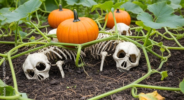 Fototapeta Spooky Halloween scene with pumpkins and skeletons emerging from the earth, perfect for festive decorations