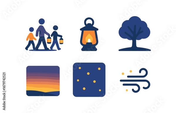 Fototapeta vector colorful flat filled icons twilight procession (nature): people walking at dusk lanterns glowing tree shadows soft horizon fireflies calm air.