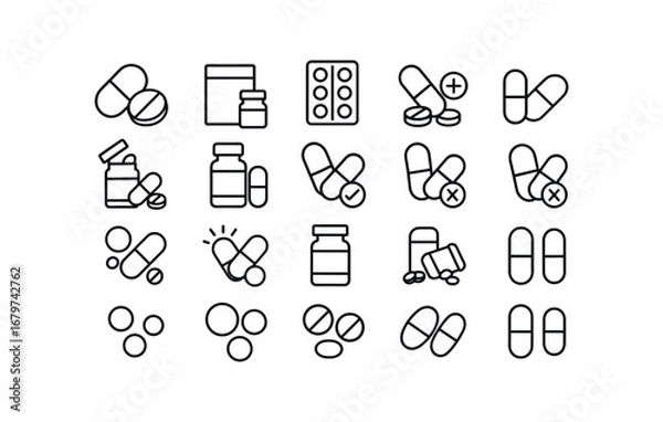 Fototapeta vector outline icons Pills (Basic) pills icon pills box pills pack pills bottle pills jar pills open pills closed pills add pills remove pills new pills old pills valid pills invalid pills.
