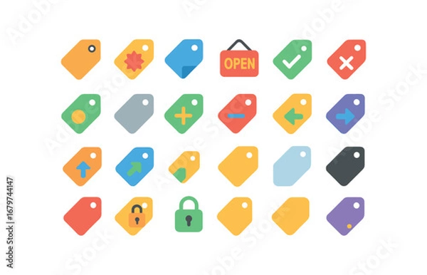 Fototapeta colorful flat vector icons Price Tag (Basic) pricetag icon pricetag new pricetag old pricetag open pricetag closed pricetag valid pricetag invalid pricetag active pricetag inactive pricetag.