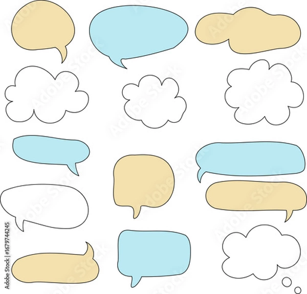 Fototapeta Line frame text speech bubble set. Line balloon design talk speech bubble frame. Text dialog balloon, simple doodle thinking cloud. Vector illustration or PNG
