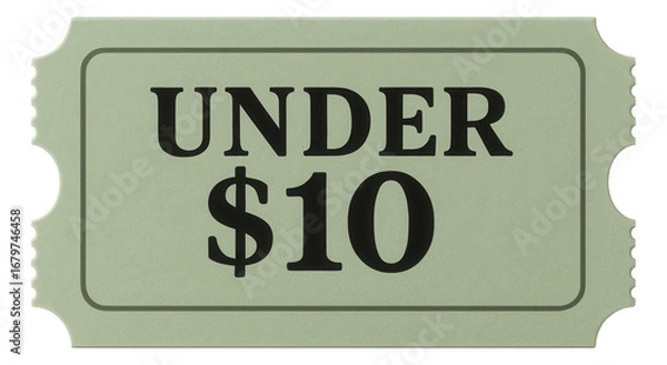 Fototapeta Mint green tag sticker with UNDER $10 offer in bold text, clear retail promotion on transparent background.