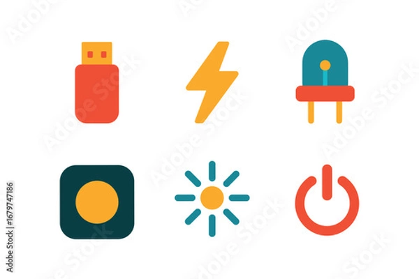 Fototapeta vector colorful flat filled icons flash (technology): flash drive flash icon LED light device indicator signal burst power button.