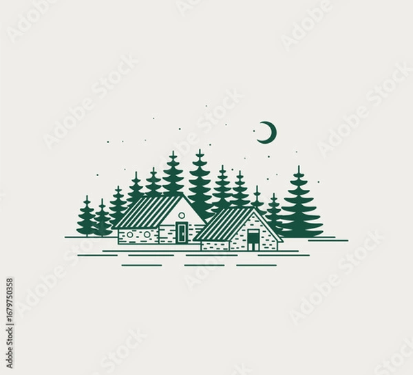 Fototapeta Starry Night in the forest. Two wooden cabins between the fir trees. Vector line illustration of forest cottage house, trees and starry sky with crescent