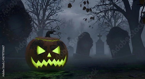 Fototapeta Spooky carved pumpkin glows ominously in foggy graveyard with bare trees and tombstones at night