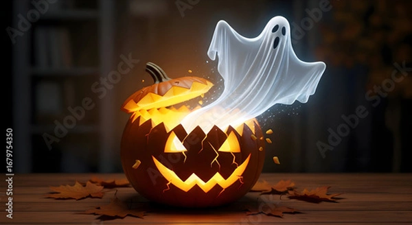 Fototapeta Spooky ghost emerges from glowing carved pumpkin on wooden table surrounded by autumn leaves