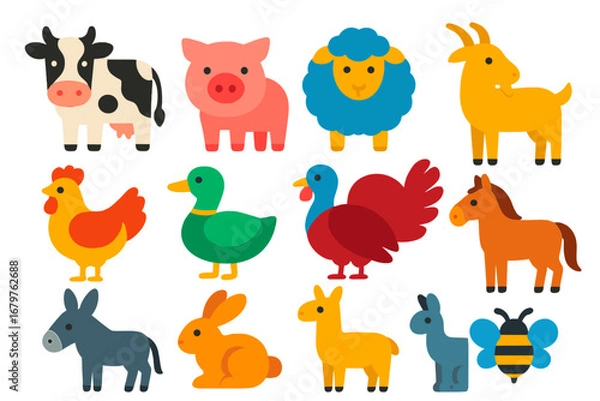 Fototapeta Farm Animal Icons. Flat vector icons of farm animals: cow, pig, sheep, goat, chicken, duck, turkey, horse, donkey, rabbit, llama,