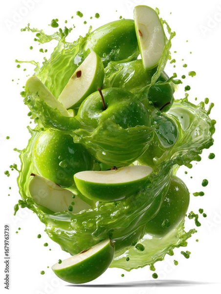 Fototapeta green apples swirling in light green apple juice splashes
