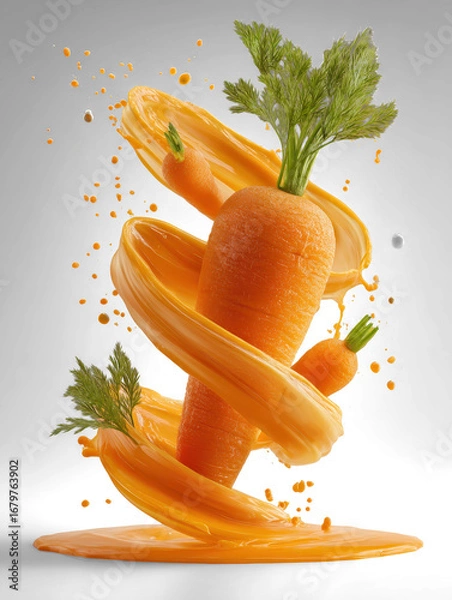 Fototapeta carrot suspended mid-air in a spiral motion of juice