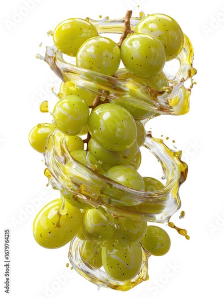 Fototapeta bright yellow spiral of grape juice in mid-air with green grapes