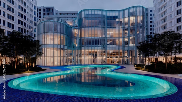 Fototapeta Modern glass building with illuminated windows and a curved pool in the foreground