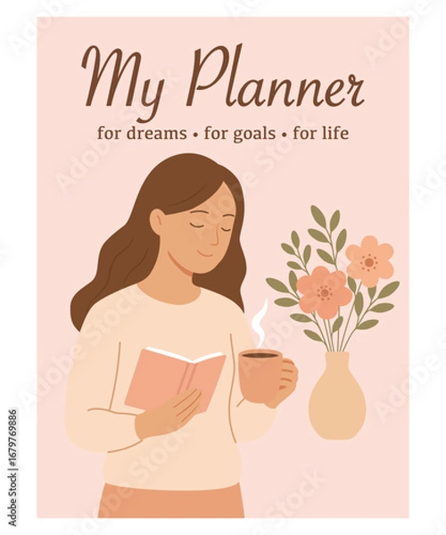 Fototapeta Vector illustration of a young woman reading a book and holding a cup of coffee with flowers in a vase. Cozy morning scene with calm and inspirational atmosphere. Perfect for planner cover, lifestyle 